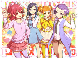  4girls aida_mana blue_eyes blue_hair blush brown_eyes brown_hair commentary_request dokidoki!_precure double_bun dress hair_bun hair_ornament half_updo hand_on_own_hip hishikawa_rikka hitoto kenzaki_makoto letter_pose long_hair looking_at_viewer multiple_girls pantyhose pink_eyes pink_hair pink_shirt precure purple_eyes purple_hair school_uniform shirt short_hair shorts skirt smile thighhighs twintails yotsuba_alice 