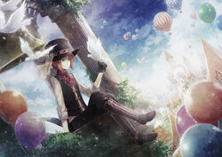  1boy aircraft angel31424 balloon bird bird_on_hand blue_eyes brown_hair commentary_request crossed_legs gloves hat hot_air_balloon male_focus original photoshop_(medium) solo top_hat 