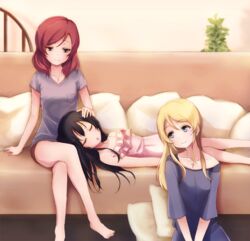  3girls arm_support ayase_eli bad_id bad_pixiv_id barefoot bibi_(love_live!) black_eyes black_hair black_shorts blonde_hair breasts brown_hair closed_eyes collarbone couch cross cross_necklace crossed_legs dress green_eyes grey_shirt half-closed_eyes hand_on_another&#039;s_face head_tilt indoors ivioss jewelry lap_pillow long_hair looking_down love_live! love_live!_school_idol_project lying medium_breasts multiple_girls necklace nishikino_maki on_back open_mouth shirt short_shorts short_sleeves shorts sitting sleeping sleeveless sleeveless_dress smile white_dress yazawa_nico 