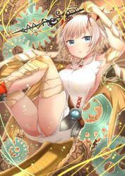  akirannu armlet armpits bad_id bad_pixiv_id bare_shoulders belt blonde_hair blue_eyes breasts clock clock_hands dragon_girl dragon_horns dragon_tail dragon_wings dress female gears hair_ribbon highres horns large_breasts looking_at_viewer myr_(p&amp;d) panties pantyshot puzzle_&amp;_dragons ribbon scales short_hair sideboob solo sparkle tail thighhighs underwear white_dress white_panties wings 