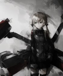  bad_id bad_pixiv_id black_thighhighs blonde_hair breasts closed_mouth commentary female green_eyes gyup hand_in_pocket kantai_collection long_hair looking_to_the_side low_twintails machinery no_headwear prinz_eugen_(kancolle) sleeves_past_wrists small_breasts solo symbol-only_commentary thighhighs twintails 