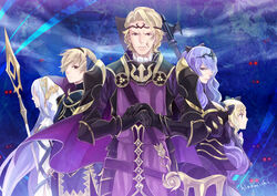  2boys 3girls armor azura_(fire_emblem) black_armor blonde_hair blue_hair brother_and_sister brothers camilla_(fire_emblem) commentary_request elise_(fire_emblem) fire_emblem fire_emblem_fates gloves hino_michi leo_(fire_emblem_fates) long_hair multiple_boys multiple_girls polearm purple_hair siblings sisters spear weapon xander_(fire_emblem) 