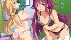  2girls arms_up ass ass_visible_through_thighs black_bra black_panties blunt_bangs blush bottle bra breasts cleavage clenched_hand collarbone dimples_of_venus dutch_angle game_cg green_eyes green_shirt indoors large_breasts leaning_forward long_hair looking_at_viewer moegihara_arisa multiple_girls nose_blush one_side_up open_mouth panties profile purple_hair sakura_nova setsuna_kaguya shirt standing striped_bra striped_clothes striped_panties table underwear undressing very_long_hair wanaca wavy_mouth window 