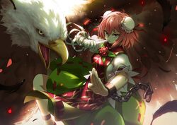  bald_eagle bandages bird bobomaster breasts bun_cover chains chinese_clothes commentary_request cuffs double_bun eagle female fighting_stance flower hair_bun highres ibaraki_kasen looking_at_viewer medium_breasts mouth_hold photoshop_(medium) pink_eyes pink_hair red_eyes rose short_hair solo tabard touhou 