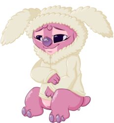  2017 3_toes alien alpha_channel angel_(lilo_and_stitch) blushbaker claws clothing disney experiment_(lilo_and_stitch) eyelashes feet female fluffy fur half-closed_eyes head_tuft hoodie lilo_and_stitch looking_away narrowed_eyes pink_body pink_fur purple_claws purple_eyes purple_nose signature simple_background small_tail smile solo sweatshirt tail toes topwear transparent_background tuft 