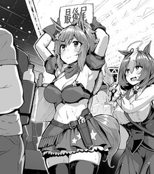  2girls animal_ears armband cowboy cowboy_hat cowboy_western greyscale gun hair_ornament hat hat_on_back highres holster holstered horse_ears horse_girl horse_tail meisho_doto_(umamusume) monochrome multiple_girls navel scarf sheriff_badge shiokonbu star_(symbol) star_hair_ornament taiki_shuttle_(umamusume) tail thighhighs translation_request umamusume weapon 