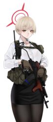  alternate_costume assault_rifle belt black_pantyhose black_skirt blonde_hair blue_archive female fte_(fifteen_199) gloves green_gloves gun halo handgun highres holding holding_gun holding_weapon kalashnikov_rifle looking_at_viewer makarov_pm marina_(blue_archive) military open_collar pantyhose pencil_skirt pm_md_86 rifle shirt short_hair simple_background skirt smersh solo trigger_discipline utility_belt weapon white_background white_shirt 