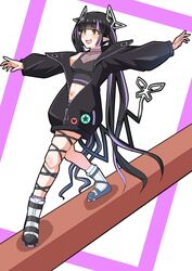  balance_beam balancing black_footwear black_hair black_jacket black_ribbon black_shirt blunt_bangs blush boots breasts cleavage commentary_request crop_top demon_girl demon_horns demon_tail female full_body highres horns jacket kojo_anna kojo_anna_(1st_costume) leg_ribbon long_hair long_sleeves looking_afar medium_breasts midriff multicolored_footwear multicolored_hair nanashi_inc. navel open_clothes open_jacket open_mouth pointy_ears purple_hair ribbon robou_no_stone see-through see-through_cleavage see-through_shirt shirt sleeveless sleeveless_shirt solo sugar_lyric tail twintails two-tone_hair very_long_hair virtual_youtuber white_footwear yellow_eyes zipper 