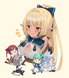  5girls ^^^ ahoge animal_ear_fluff animal_ears arm_cuffs armored_boots bad_id bad_pixiv_id bare_legs black_footwear black_gloves black_pantyhose blonde_hair blue_dress blue_eyes blue_hair blush boots bow braid breasts bridal_garter carrot_hair_ornament chibi cleavage cleavage_cutout closed_eyes clothing_cutout commentary_request dark-skinned_female dark_skin don-chan_(usada_pekora) double_bun dress elf fingerless_gloves food-themed_hair_ornament fur_scarf fur_trim gloves green_hair grey_hair hair_bun hair_ornament hair_ribbon hairbow hand_on_own_cheek hand_on_own_face heterochromia hololive hololive_fantasy houshou_marine large_breasts legs_together light_blue_hair long_hair medium_hair moonbell multicolored_hair multiple_girls off-shoulder_dress off_shoulder open_mouth outstretched_hand pantyhose playboy_bunny pointy_ears ponytail rabbit_ears red_eyes red_hair ribbon shiranui_flare shiranui_flare_(old_design) shirogane_noel shirogane_noel_(1st_costume) shoes short_hair shoulder_cutout side_braid simple_background sitting skull_hair_ornament smile solo_focus streaked_hair talking tan_background tassel thighs tiara twin_braids twintails two-tone_hair upper_body uruha_rushia usada_pekora usada_pekora_(1st_costume) vambraces virtual_youtuber wariza white_dress white_hair yellow_eyes 