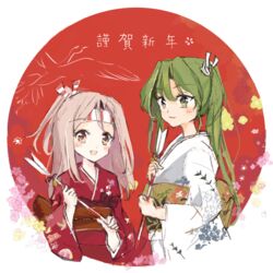  2girls arrow_(projectile) bad_id bad_pixiv_id blush brown_eyes commentary_request floral_print flower green_eyes green_hair hair_ribbon hamaya high_ponytail holding japanese_clothes kantai_collection kimono kokonoha_kitori light_brown_hair long_hair multiple_girls new_year obi open_mouth partial_commentary ponytail ribbon sash smile twintails zuihou_(kancolle) zuikaku_(kancolle) 