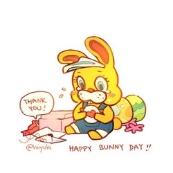  1:1 2020 animal_crossing anthro blush bodily_fluids clothing crying easter easter_egg english_text hat headgear headwear heart_symbol hiiyuki holidays lagomorph leporid mammal nintendo overalls rabbit simple_background sitting solo tears text white_background yellow_body zipper_t._bunny 