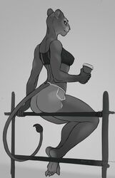  2020 5_toes anthro barefoot beverage blue_eyes bottomwear bra claws clothing coffee feet felid female fence furgonomics hi_res lion looking_at_viewer looking_back mammal monochrome nipple_outline pantherine shorts signature sitting soles solo sports_bra sportswear toes underwear woadedfox 