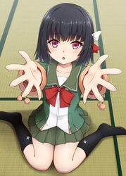  black_footwear black_hair black_socks commentary_request drawstring female full_body green_jacket green_sailor_collar green_skirt hair_ribbon highres ishigaki_(kancolle) jacket kantai_collection kneehighs kodama_(mmt_uf) long_sleeves looking_at_viewer neck_ribbon on_floor outstretched_arms pleated_skirt pom_pom_(clothes) purple_eyes red_ribbon ribbon sailor_collar school_uniform serafuku shoes short_hair sitting skirt socks solo tatami wariza white_ribbon 