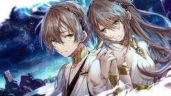  1boy adele_(fate) bare_shoulders brown_hair crying crying_with_eyes_open csyday fate/grand_order fate_(series) female green_eyes holding_hands long_hair makarios_(fate) night night_sky siblings sky smile tears twins 