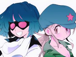  1boy :d a_(poipiku_325815) ascot blue_hair blue_headwear blunt_bangs blunt_ends breasts cleavage closed_mouth collarbone collared_shirt commentary female flying_sweatdrops frown goggles green_shirt hat light_brown_hair long_hair looking_at_another open_mouth pink-tinted_eyewear pink_eyes ponytail rainbow_parakeet rainbow_parakeet_(character) senri_mariko shirt short_hair sidelocks sideways_glance simple_background smile star_(symbol) star_print sweat tinted_eyewear white_ascot white_background 