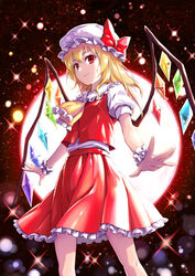  absurdres blonde_hair crystal female fish.boy flandre_scarlet hat highres long_hair mob_cap puffy_short_sleeves puffy_sleeves red_eyes red_skirt red_vest short_sleeves skirt solo touhou vest white_hat wings wrist_cuffs 