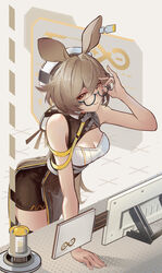  absurdres adjusting_eyewear animal_ears arknights arm_support bare_arms bare_shoulders beancake bespectacled breasts cleavage commentary_request dorothy_(arknights) female glasses grey_eyes grey_hair hair_between_eyes highres large_breasts leaning_forward looking_at_viewer rhine_lab_logo sleeveless solo standing 