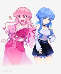  ! !! 2girls artist_name black_skirt blue_eyes blue_hair blush choker ciosuii closed_mouth highres long_hair looking_at_viewer looking_away multiple_girls open_mouth original personification pink_eyes pink_hair skirt teeth 