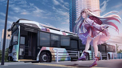  absurdres arcanakit_v backpack bag blue_sky bus car cloud cloudy_sky commission day dress elf eyewear_on_head female fence heart heart-shaped_eyewear highres kami_misuzu motor_vehicle outdoors png_pant_(bus) pointy_ears red_bag red_ribbon ribbon skeb_commission sky solo sunglasses tree vehicle_focus virtual_youtuber walking 