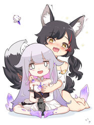  0_0 2girls absurdres animal_ear_fluff animal_ears barefoot black_hair blush chest_jewel commentary_request crystal dress drooling gloom_(expression) hair_between_eyes hair_ornament hairclip hand_on_another&#039;s_chest hand_on_another&#039;s_shoulder highres hololive hololive_english hug indian_style koseki_bijou koseki_bijou_(1st_costume) long_hair looking_at_viewer moai moai_(koseki_bijou) mouth_drool multicolored_hair multiple_girls off-shoulder_shirt off_shoulder ookami_mio open_mouth purple_hair qiaogun_damodao red_hair shirt sidelocks simple_background sitting sparkling_eyes streaked_hair virtual_youtuber white_background white_dress white_shirt wolf_ears wolf_girl yellow_eyes 