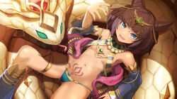  :d armpits ass_visible_through_thighs bare_shoulders bead_necklace beads black_hair blue_eyes blue_panties breasts circlet cleopatra_(legend_clover) cobra_(animal) commentary_request cone_hair_bun detached_sleeves egyptian egyptian_clothes female from_above hair_bun hand_up highres jewelry kneehighs legend_clover long_hair looking_at_viewer lying meth_(emethmeth) nail_polish navel necklace no_bra oerba_yun_fang on_back open_mouth panties pubic_tattoo revealing_clothes ring small_breasts smile socks solo stomach string_panties tattoo thighlet thighs twintails underwear usekh_collar wide_sleeves 