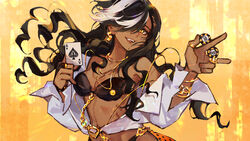  :d ace_(playing_card) ace_of_spades bare_shoulders bikini black_bikini black_hair bracelet breasts card centurion_(reverse:1999) cleavage commabear curly_hair dark-skinned_female dark_skin earrings female floating_hair gold_necklace hair_over_one_eye hands_up highres holding holding_card jewelry looking_at_viewer medium_breasts multicolored_hair necklace off_shoulder one_eye_covered open_clothes open_shirt playing_card poker_chip reverse:1999 ring shirt smile solo spade_(shape) strapless strapless_bikini streaked_hair swept_bangs swimsuit teeth upper_body upper_teeth_only white_hair white_shirt yellow_background yellow_eyes 