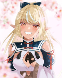  ahoge bad_id bad_pixiv_id black_gloves blonde_hair blurry blush bow branch breasts cherry_blossoms cleavage cleavage_cutout clothing_cutout commentary dark-skinned_female dark_skin depth_of_field dress elf eyelashes female gloves grin hairbow highres hololive large_breasts lips long_hair looking_at_viewer moonbell multicolored_hair petals pointy_ears ponytail red_eyes shiranui_flare shiranui_flare_(old_design) shoulder_cutout smile solo streaked_hair tassel teeth two-tone_hair upper_body virtual_youtuber white_dress white_hair wide_sleeves 