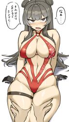  1boy absurdres black_gloves blush casual_one-piece_swimsuit d: deep_skin double_bun female gloves goddess_of_victory:_nikke goma. grey_hair hair_bun half_gloves highres looking_at_viewer oerba_yun_fang official_alternate_costume one-piece_swimsuit open_mouth red_eyes red_one-piece_swimsuit swimsuit thigh_grab thigh_strap white_background yan_(nikke) yan_(sunrise_market)_(nikke) 