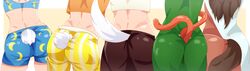  5girls absurdres ass ass_focus back blue_shorts brown_skirt cat_tail commentary crescent_print crop_top dress english_commentary ginari green_dress highres imaizumi_kagerou inubashiri_momiji kaenbyou_rin multiple_girls rabbit_tail red_dress ringo_(touhou) seiran_(touhou) shorts skirt tail tail_through_clothes touhou wolf_tail yellow_shorts 