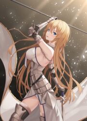  armor armored_dress belt blonde_hair blue_eyes breasts chains dress fate/apocrypha fate_(series) faulds female flag from_side fur-trimmed_legwear fur_trim gauntlets greaves hair_between_eyes hand_on_hilt highres holding holding_flag holding_sword holding_weapon jeanne_d&#039;arc_(fate) jeanne_d&#039;arc_(third_ascension)_(fate) large_breasts light_rays long_hair no_headwear open_mouth plackart planted planted_sword shuvi_(shuvi1125) smile solo standard_bearer straight_hair sword thighhighs very_long_hair weapon white_dress zettai_ryouiki 