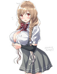  arm_warmers bad_id bad_twitter_id bow bowtie braid breasts brown_eyes bursting_breasts cleavage cloud_hair_ornament commentary_request cowboy_shot female gradient_hair grey_skirt kantai_collection kurage1 large_breasts light_brown_hair long_hair low_twin_braids minegumo_(kancolle) multicolored_hair one-hour_drawing_challenge plaid plaid_bow plaid_neckwear pleated_skirt red_bow red_bowtie red_eyes shirt simple_background skirt solo suspender_skirt suspenders twin_braids white_background white_shirt 