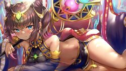  bad_id bad_twitter_id bare_shoulders bead_necklace beads black_hair blue_eyes breasts circlet cleopatra_(legend_clover) commentary_request cone_hair_bun crop_top dark-skinned_female dark_skin detached_sleeves ear_piercing egyptian_clothes female hair_bun highres holding holding_staff jewelry legend_clover long_hair long_sleeves looking_at_viewer lying midriff navel necklace nekomugiharu on_stomach piercing revealing_clothes small_breasts smile smirk solo staff stomach thighs twintails wide_sleeves 