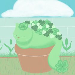  1:1 ambiguous_gender blue_sky brown_nose closed_eyes cloud clover_(plant) clover_leaf domestic_cat felid feline felis feral four_leaf_clover fur garden grass green_body green_fur leaf lineless lunarpanda8686 mammal plant plant_pot potted_plant sky solo wall_(structure) whiskers 