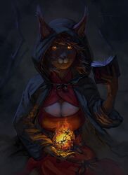  2022 anthro belt book breasts devergilia digital_media_(artwork) felid feline female flaming_orb glowing glowing_eyes hair half-length_portrait hi_res holding_book holding_object hood looking_at_viewer lynx magic magic_user mammal orb portrait smile solo yellow_eyes 