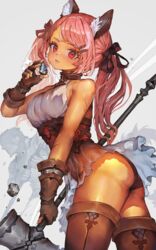  bare_shoulders brown_gloves brown_panties brown_ribbon brown_thighhighs commentary cowboy_shot dark-skinned_female dark_skin female fingerless_gloves from_side gloves hair_ribbon hammer highres holding holding_hammer long_hair looking_at_viewer looking_to_the_side original panties pink_hair red_eyes ribbon shirt solo symbol-only_commentary thighhighs twintails underwear voruvoru white_shirt 