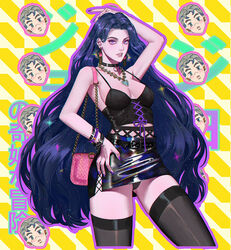  arm_behind_head bag belt belt_buckle black_hair black_panties black_skirt black_thighhighs bracelet breasts buckle choker cropped_legs cross cross-laced_clothes cross-laced_skirt cross-laced_top diamond_wa_kudakenai eyelashes female gem greek_cross hand_on_own_hip handbag heart heart_necklace highres hirose_koichi jewelry jojo_no_kimyou_na_bouken lips long_hair looking_back medium_breasts miniskirt necklace panties pantyshot parted_lips pose purple_eyes purple_nails shoulder_bag skirt sleeveless solo thighhighs underwear veela very_long_hair yamagishi_yukako 