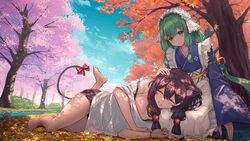  2girls :t akikaze_ribe animal_collar animal_ears apron bare_legs bell black_hair black_shorts blue_eyes blue_kimono blush cat_ears cat_tail cherry_blossoms closed_eyes collar falling_leaves falling_petals frilled_apron frills green_hair hair_bobbles hair_ornament headpat highres hopepe indie_virtual_youtuber japanese_clothes kimono lap_pillow leaf leaf_hair_ornament leg_up long_hair lying maid maid_apron maid_headdress maple_leaf maple_tree multiple_girls neck_bell off-shoulder_shirt off_shoulder on_side original outdoors petals ribbon shirt shorts tail tail_ornament tail_ribbon tree uiharu_mio virtual_youtuber wa_maid white_apron wide_sleeves wristband 