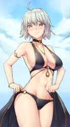  ahoge armband armpits bikini black_bikini blush bracelet breasts chains cleavage cloud cloudy_sky cowboy_shot day fate/grand_order fate_(series) female gold_chain groin jeanne_d&#039;arc_alter_(avenger)_(fate) jeanne_d&#039;arc_alter_(fate) jeanne_d&#039;arc_alter_(festival_outfit)_(fate) jewelry large_breasts light_smile looking_at_viewer navel necklace o-ring o-ring_bikini official_alternate_costume sarhce sarong short_hair sky solo swimsuit unworn_sarong white_hair yellow_eyes 