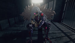  ahoge armlet artery_gear artery_gear:_fusion artificial_eye blood blood_on_arm blood_on_face blood_on_hands blue_eyes bodysuit bracelet condor_(artery_gear) diffraction_spikes female glowing glowing_eye grey_hair highres jewelry long_hair mechanical_arms mechanical_eye mechanical_legs prison_cell scenery single_mechanical_arm sitting thighlet wang-xi 