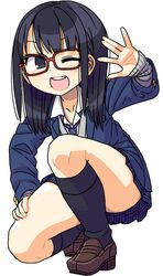  :d black_eyes black_hair black_socks blazer female glasses highres jacket kneehighs loafers long_hair maruput necktie on_one_knee one_eye_closed open_mouth original plaid plaid_skirt pleated_skirt red-framed_eyewear school_uniform shoes skirt smile socks solo squatting white_background 