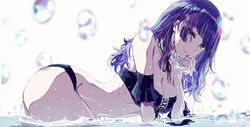  ass breasts bubbles cleavage idolmaster idolmaster_shiny_colors long_hair minyom no_bra polychromatic purple_eyes purple_hair tanaka_mamimi water wet 