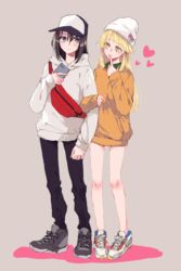  2girls bang_dream! baseball_cap beanie black_footwear black_hair black_pants blonde_hair blue_eyes cellphone character_print commentary_request fanny_pack finger_to_mouth frown full_body grey_background grey_hoodie hat heart holding holding_phone hood hood_down hoodie locked_arms long_hair long_sleeves looking_at_another michelle_(bang_dream!) multiple_girls no_pants okusawa_misaki orange_shirt pants phone shirt shoes simple_background smartphone smile sneakers standing streetwear tadano_kagekichi tsurumaki_kokoro white_headwear yellow_eyes 