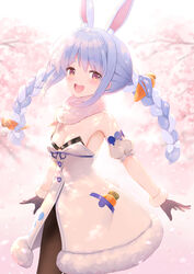  :d animal_ear_fluff animal_ears bare_shoulders bell_(oppore_coppore) black_gloves black_leotard blue_hair blurry blurry_background blush bow braid branch breasts brown_eyes brown_pantyhose carrot_hair_ornament cherry_blossoms cleavage commentary depth_of_field detached_sleeves don-chan_(usada_pekora) dress female flower food-themed_hair_ornament fur-trimmed_dress fur-trimmed_gloves fur_trim gloves hair_ornament hairbow highres hololive leotard long_hair looking_at_viewer multicolored_hair open_mouth pantyhose pink_flower puffy_short_sleeves puffy_sleeves rabbit_ears rabbit_tail revision short_eyebrows short_sleeves small_breasts smile solo strapless strapless_dress strapless_leotard tail teeth thick_eyebrows twin_braids twintails two-tone_hair upper_teeth_only usada_pekora usada_pekora_(1st_costume) virtual_youtuber white_bow white_dress white_hair white_sleeves 