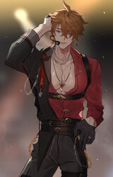  1boy absurdres belt black_pants blue_eyes chains commentary earrings genshin_impact gloves ha_ze half_gloves hand_in_own_hair headset highres jewelry lower_teeth_only male_focus microphone necklace open_clothes open_mouth open_shirt orange_hair pants pectorals red_shirt ring shirt single_earring solo sweat symbol-only_commentary tartaglia_(genshin_impact) teeth 