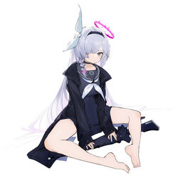  absurdres barefoot black_choker black_coat black_eyes black_hairband black_sailor_collar black_serafuku blue_archive blush bow braid choker coat colored_inner_hair female grey_eyes grey_hair gun hair_over_one_eye hairband halo highres long_hair multicolored_hair neckerchief oooomiga open_clothes open_coat pink_hair plana_(blue_archive) pleated_skirt red_pupils sailor_collar school_uniform serafuku simple_background single_braid sitting skirt sleeves_past_wrists solo spread_legs weapon white_background white_bow white_hair white_neckerchief 