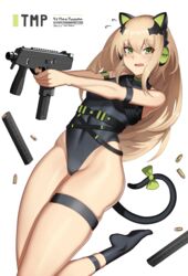  animal_ear_headphones animal_ears b&amp;t_mp9 blonde_hair blush bow cat_ear_headphones cat_ears cero_(last2stage) commentary commission dated_commentary english_commentary fake_animal_ears female girls&#039;_frontline green_eyes gun headphones highleg highleg_leotard highres holding holding_gun holding_weapon leotard long_hair magazine_(weapon) pixiv_commission skindentation solo submachine_gun tail tail_bow tail_ornament thighs tmp_(girls&#039;_frontline) weapon white_background 