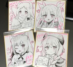  4girls :d absurdres animal_ear_fluff animal_ears bare_shoulders beamed_eighth_notes blush braid breasts cat_ears cat_girl chieru_(princess_connect!) chloe_(princess_connect!) closed_mouth commentary_request eighth_note elf food food_on_face hair_ribbon hand_up highres holding holding_plate holding_spoon hood hood_down index_finger_raised japanese_clothes karyl_(princess_connect!) kimono kyoka_(princess_connect!) long_hair miyako_(princess_connect!) multicolored_hair multiple_girls musical_note oerba_yun_fang one_eye_closed open_mouth photo_(medium) plate pointy_ears princess_connect! pudding ribbon sasachin_(k+w) scarf school_uniform shikishi shirt signature sleeveless sleeveless_shirt sleeves_past_fingers sleeves_past_wrists small_breasts smile sparkle spoon st._theresa&#039;s_girls_academy_school_uniform star_(symbol) streaked_hair traditional_media twintails two_side_up yuni_(princess_connect!) 