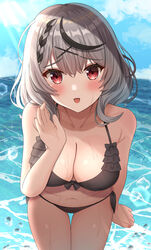  :d absurdres arm_at_side bare_arms bare_shoulders beach bikini black_bikini black_hair blush braid breasts cleavage cowboy_shot day female frilled_bikini frills front-tie_bikini_top front-tie_top grey_hair hair_ornament halterneck hand_up highres hisui_(user_zvkr2432) hololive large_breasts looking_at_viewer md5_mismatch multicolored_hair ocean oerba_yun_fang outdoors parted_lips red_eyes sakamata_chloe short_hair side-tie_bikini_bottom smile solo streaked_hair sunlight swimsuit thigh_gap thighs virtual_youtuber water wet x_hair_ornament 