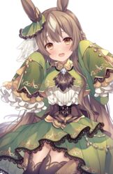  :d animal_ears black_thighhighs blush braid brown_eyes brown_hair center_frills commentary_request ear_ornament female frills green_jacket green_skirt hair_between_eyes half_updo hands_up head_tilt highres horse_ears horse_girl ichinose_(sorario) jacket long_hair long_sleeves looking_at_viewer open_mouth pleated_skirt satono_diamond_(umamusume) shirt simple_background skirt sleeves_past_fingers sleeves_past_wrists smile solo thighhighs umamusume very_long_hair white_background white_shirt 