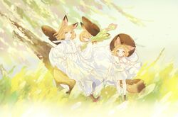  3girls animal_ear_fluff animal_ears arms_up blonde_hair blush boots brown_eyes brown_footwear brown_headwear closed_eyes closed_mouth commentary cross-laced_footwear day dress flower fox_ears fox_girl fox_tail grass gwayo hands_on_headwear hat hat_on_back highres lace-up_boots long_sleeves looking_at_viewer multiple_girls original outdoors parted_lips puffy_long_sleeves puffy_sleeves smile standing tail tree white_dress yellow_flower 